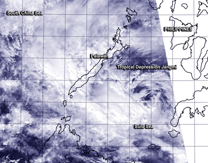 NOAA-NASA's Suomi NPP satellite passed over Tropical Depression Jangmi on Dec. 31 at 06:00 UTC (1 a.m. EST) and the VIIRS instrument saw wind shear pushing it apart.