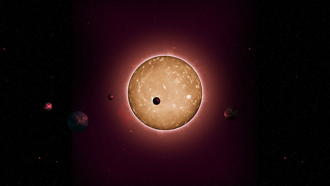 The tightly packed system, named Kepler-444, is home to five small planets in very compact orbits. The planets were detected from the dimming that occurs when they transit the disc of their parent star, as shown in this artist's conception.