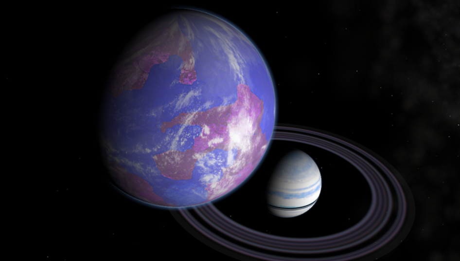 Artist's impression of a hypothetical Earth-like moon around a Saturn-like exoplanet.
