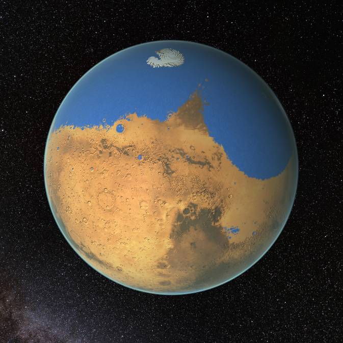 NASA scientists have determined that a primitive ocean on Mars held more water than Earth's Arctic Ocean and that the Red Planet has lost 87 percent of that water to space. Image Credit: NASA/GSFC