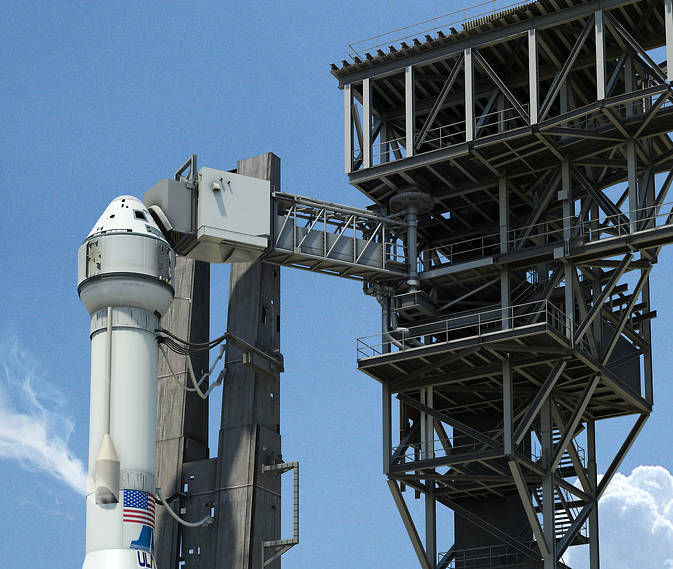 An artist rendering of Boeing's CST-100 spacecraft on the launch pad with the Commercial Crew Access Tower. Image Credit: United Launch Alliance