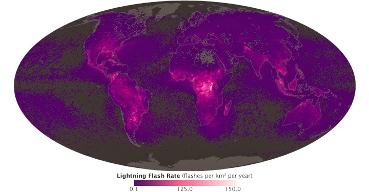 Lightning Flashes most Frequently over land