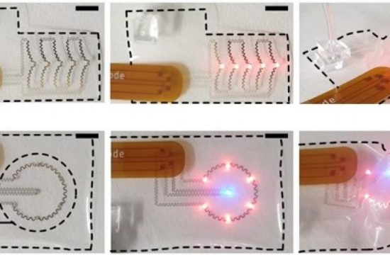 Electrical functionality demonstrated on a flexible and soft 3D device by connecting LEDs 1