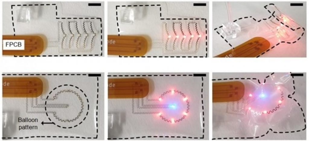 Technology transform 2D to 3D Soft and Flexible Structures in Thin-Films 3 Electrical functionality demonstrated on a flexible and soft 3D device by connecting LEDs