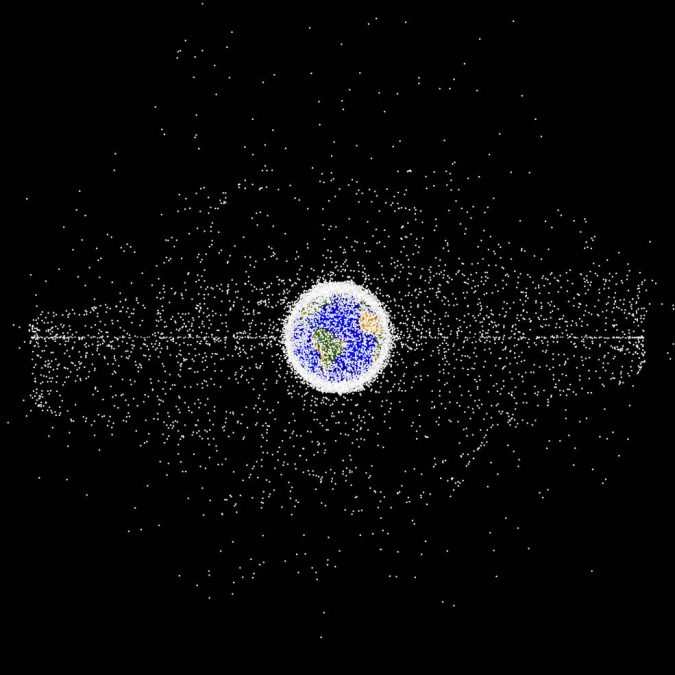 Simulation of orbital debris around Earth demonstrating the object population in the geosynchronous region.