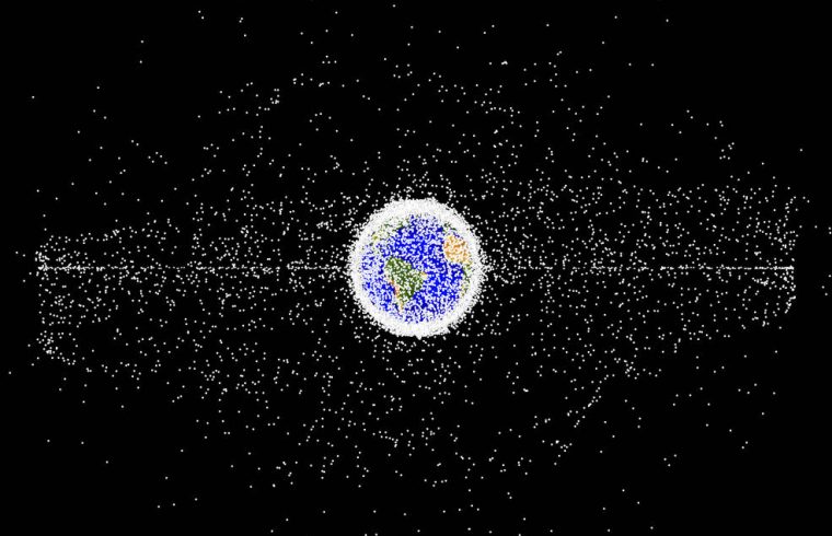 Simulation of orbital debris around Earth demonstrating the object population in the geosynchronous region.