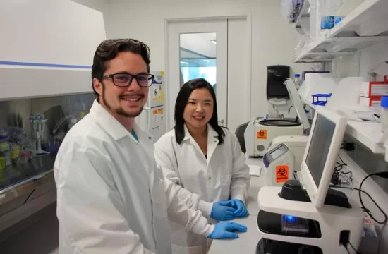 Tyler Daniel at left a doctoral student in the lab of Professor Sherry Gao at right